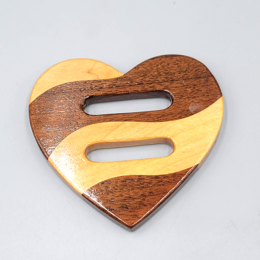 Swanee Handmade Wooden Heart Scarf Slide Maple Walnut Shirt Tail 3"