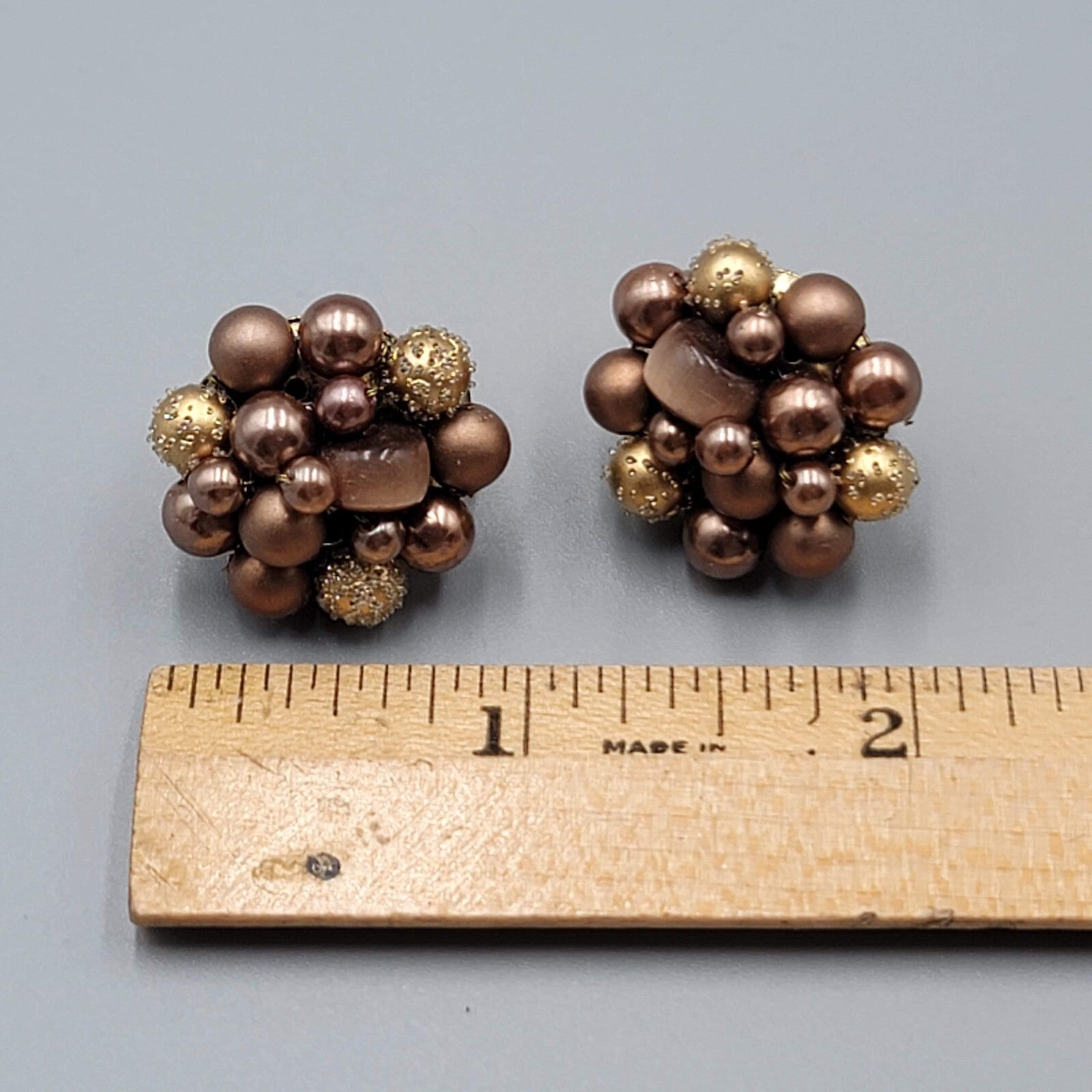 Vintage Japan Clip on Earrings Brown Cluster Bead Gold tone 7/8"