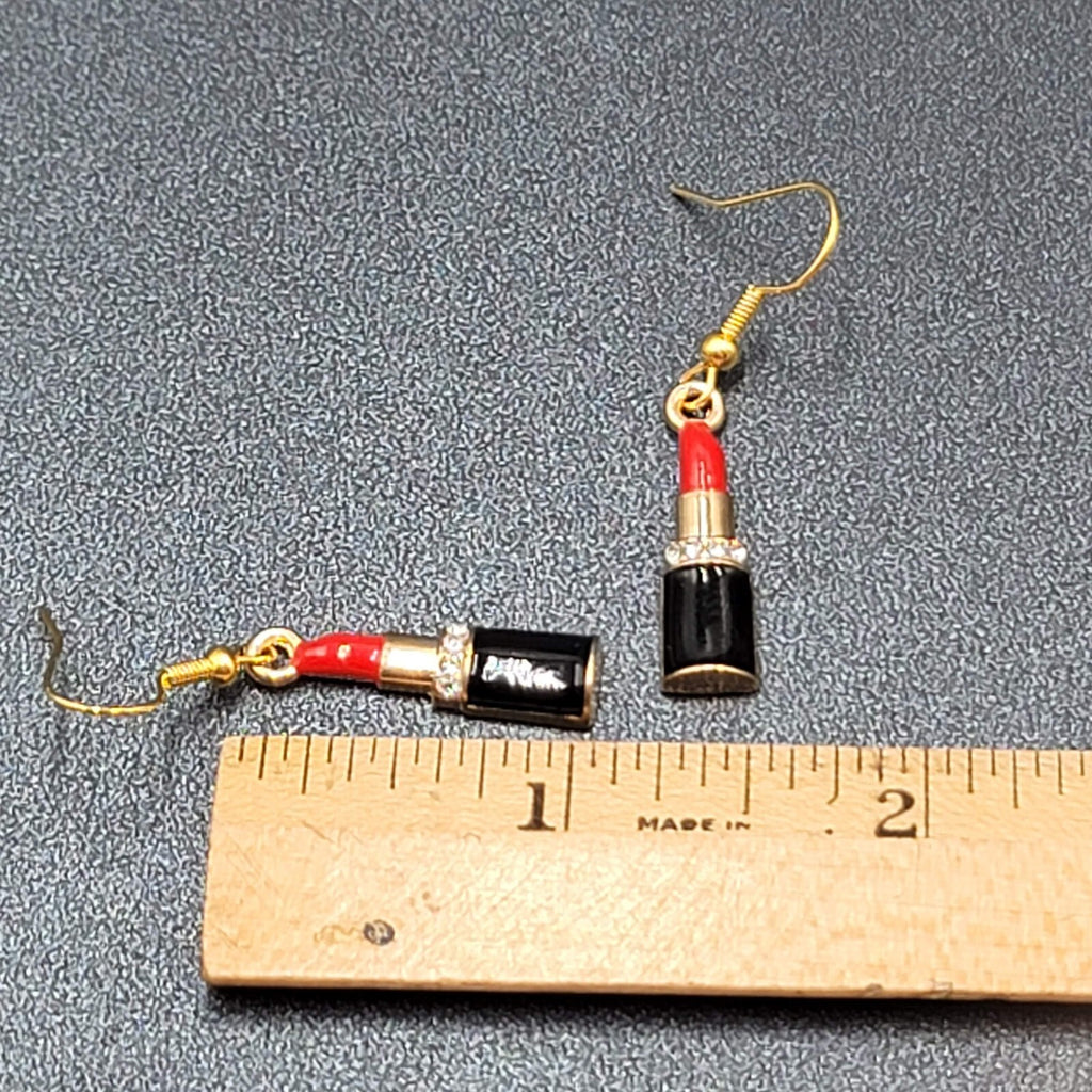 Lipstick Pierced Earrings 3D Gold tone Red Black Enamel Crystal Dangle 1"