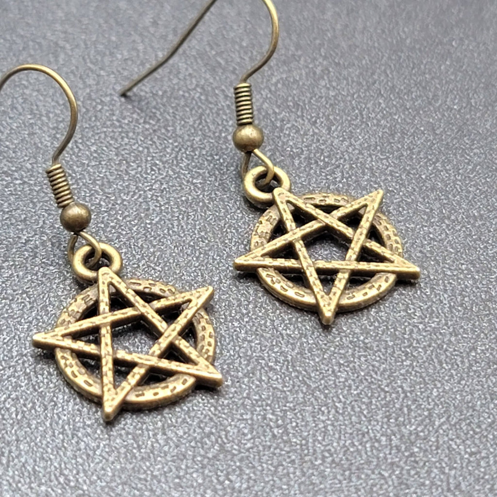 New Pentacle Pierced Earrings Star in Circle Bronze tone Dangle 3/4"
