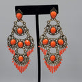 Large Chandelier Pierced Earrings Bronze tone Orange Beads 4"
