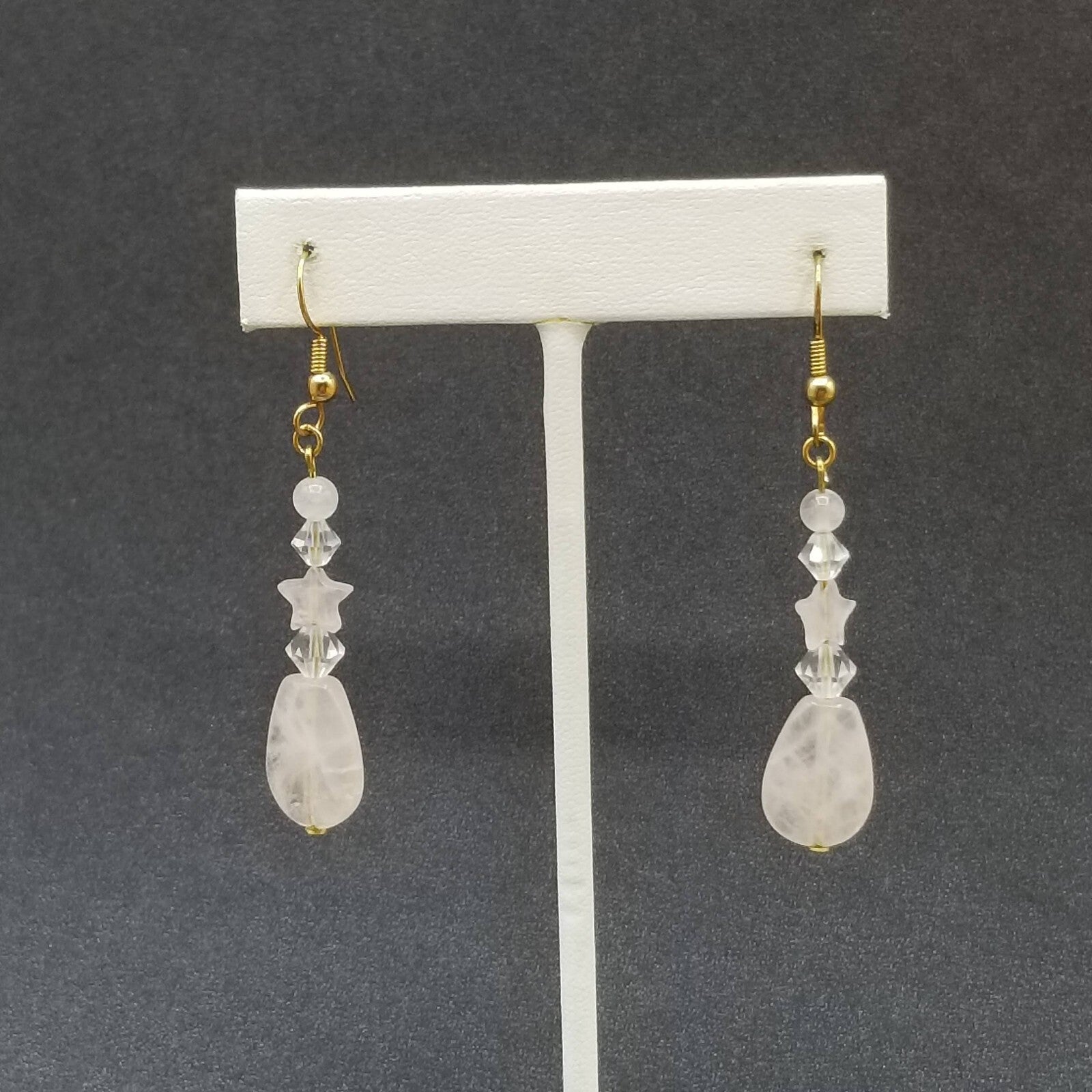 Pierced Earrings Gold tone Crystal Rose Quartz Teardrop Beaded Dangle 1 1/2"