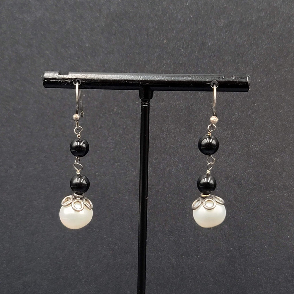 Sterling Silver Pierced Earrings Capped Pearl Bead Dangle 1.25"