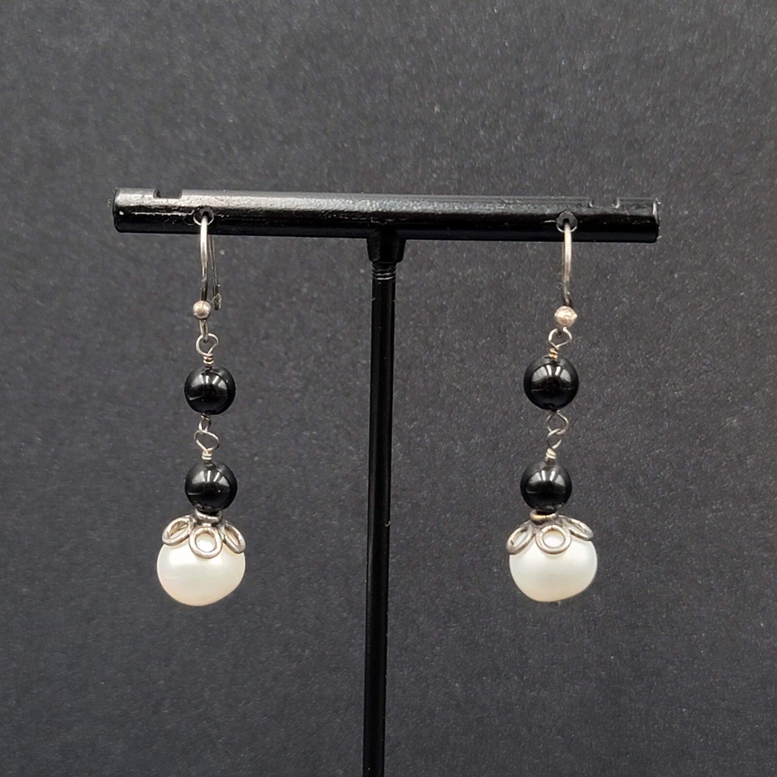 Sterling Silver Pierced Earrings Capped Pearl Bead Dangle 1.25"