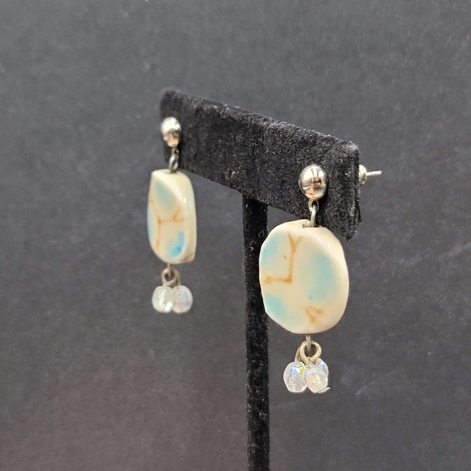 Pierced Earrings Silver tone Ceramic Pottery Bead White Blue 1.25"
