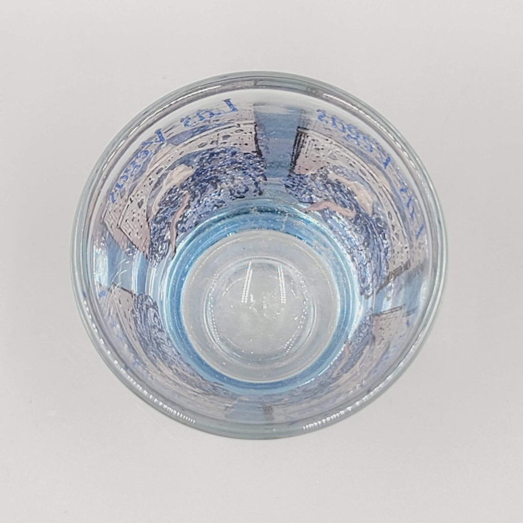 Vintage Las Vegas Casino Shot Glass Blue Gold Embossed Clear Glass Souvenir