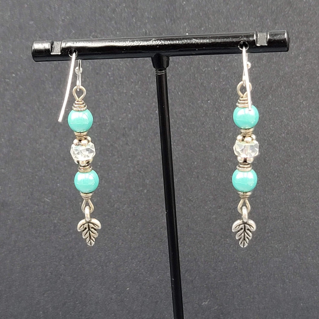 Pierced Earrings Silver tone Blue Bead Leaf Charm Dangle 1.5"