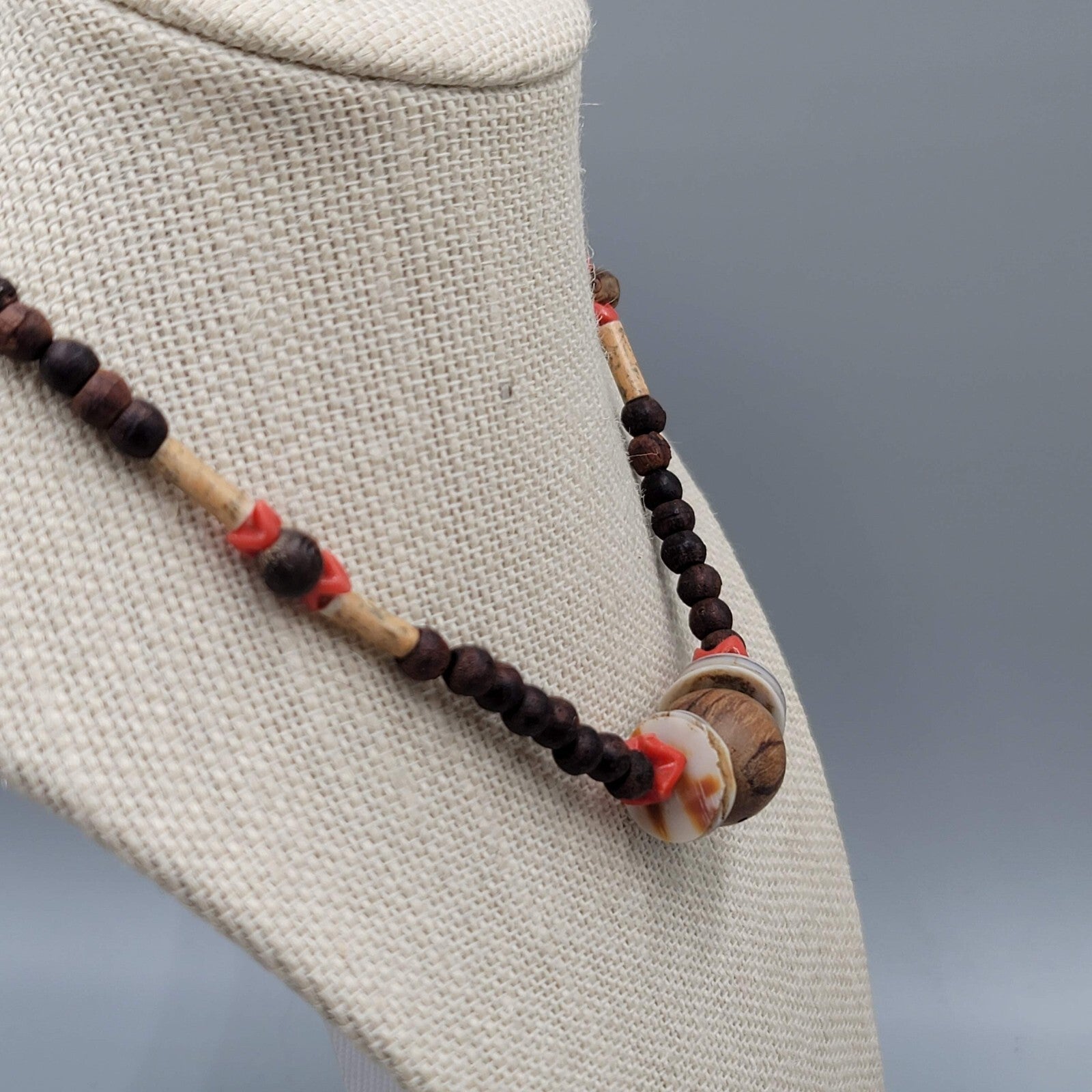 Artisan Boho Necklace Wood Bead Shell Ethnic 16"