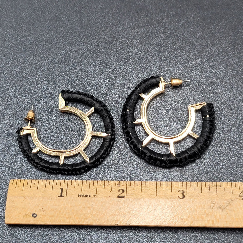Pierced Earrings Gold tone Black String Wrapped Drop Hoops 1 5/8"