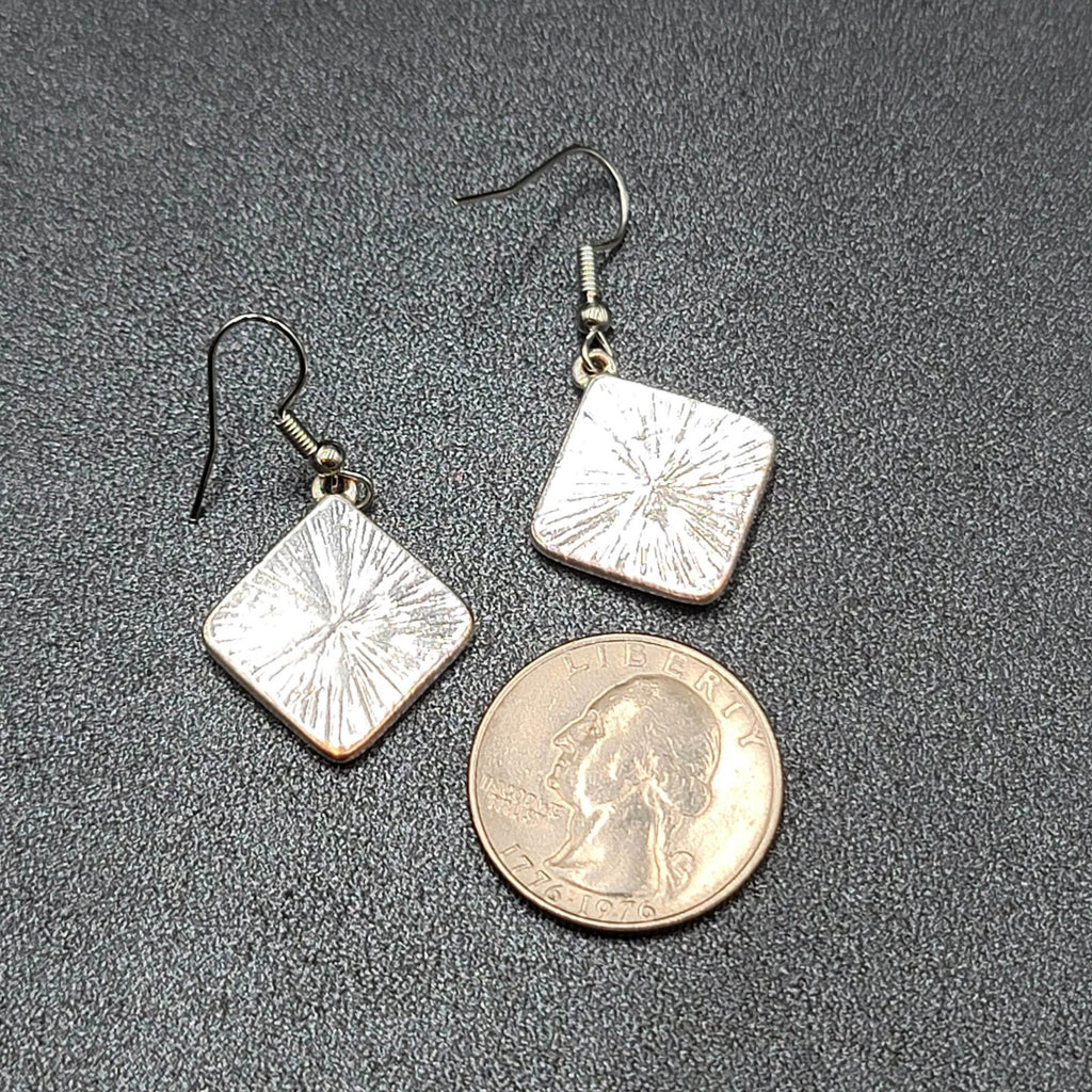 Pierced Earrings Silver tone Yellow Faux Abalone Square Dangle 7/8"