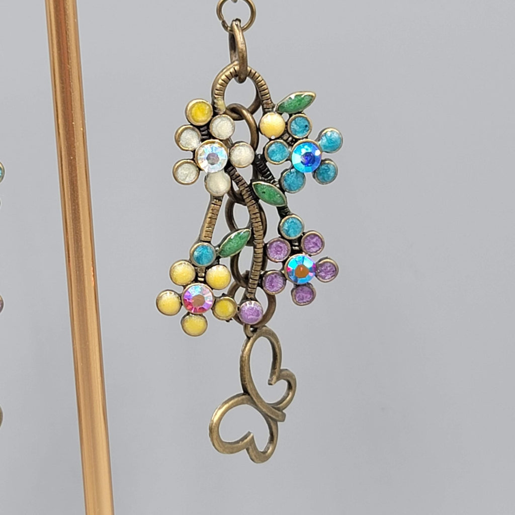 Multicolor Rhinestone Butterfly Pierced Earrings Bronze toen Dangle 2.5 in