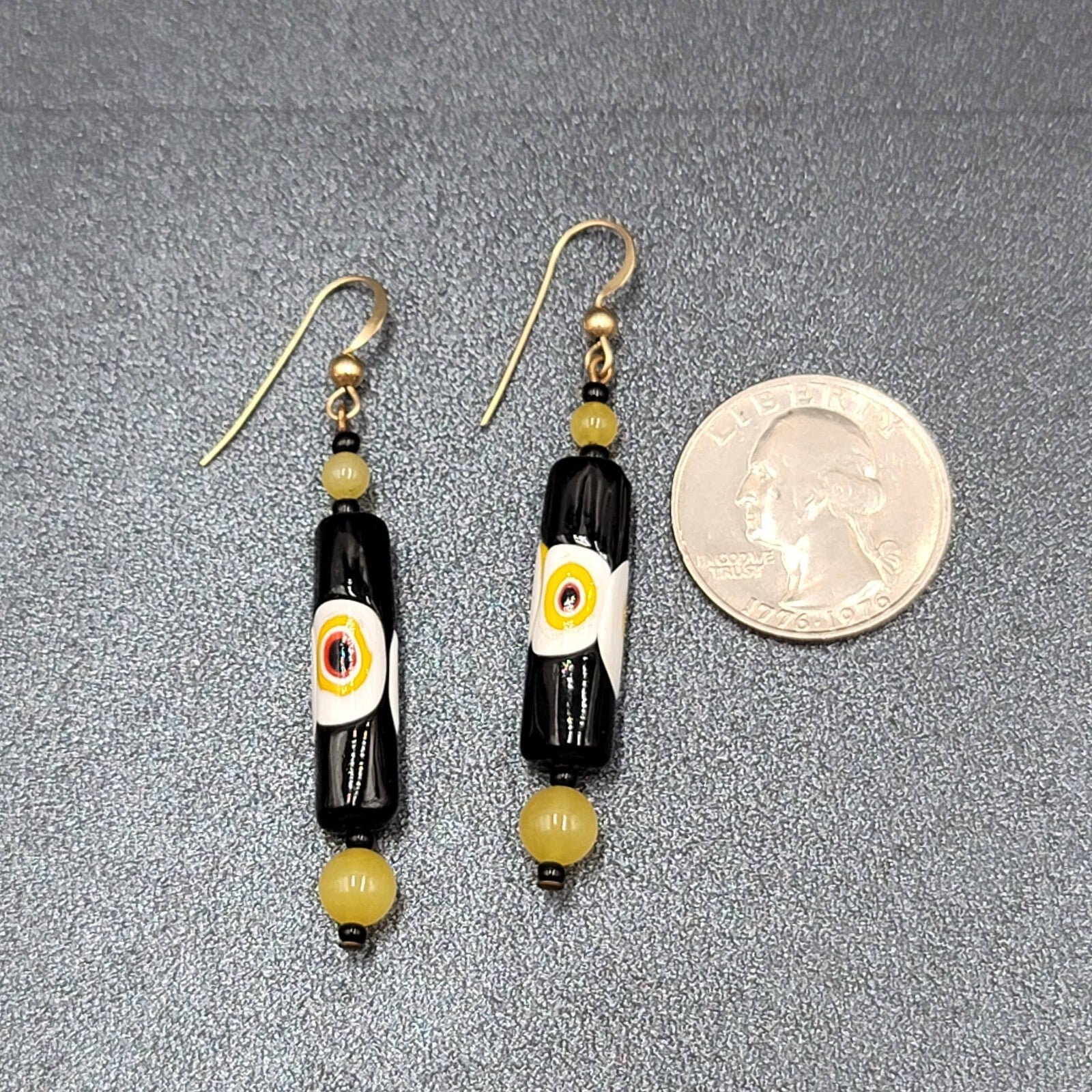 Pierced Earrings Gold tone Black Yellow White Art Glass Barrel Bead 1 7/8"