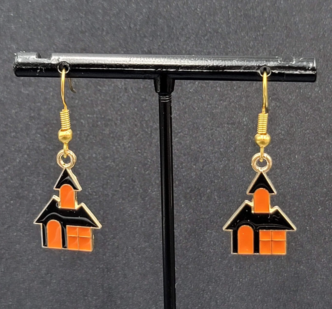 New Halloween House Pierced Earrings Purple Orange Enamel Gold tone Dangle 7/8"