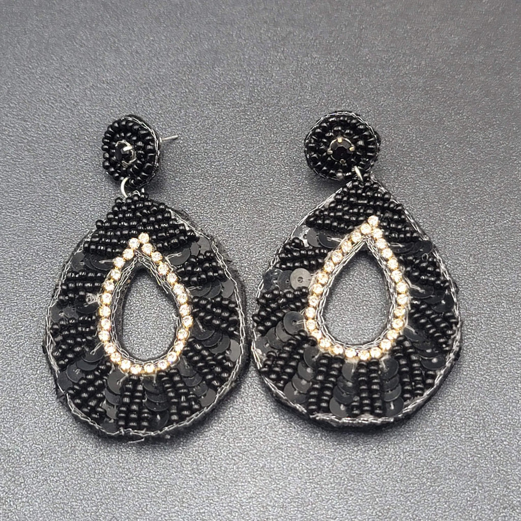 Pierced Earrings Black Felt Seed Beaded Rhinestone Runway Dangle 3"