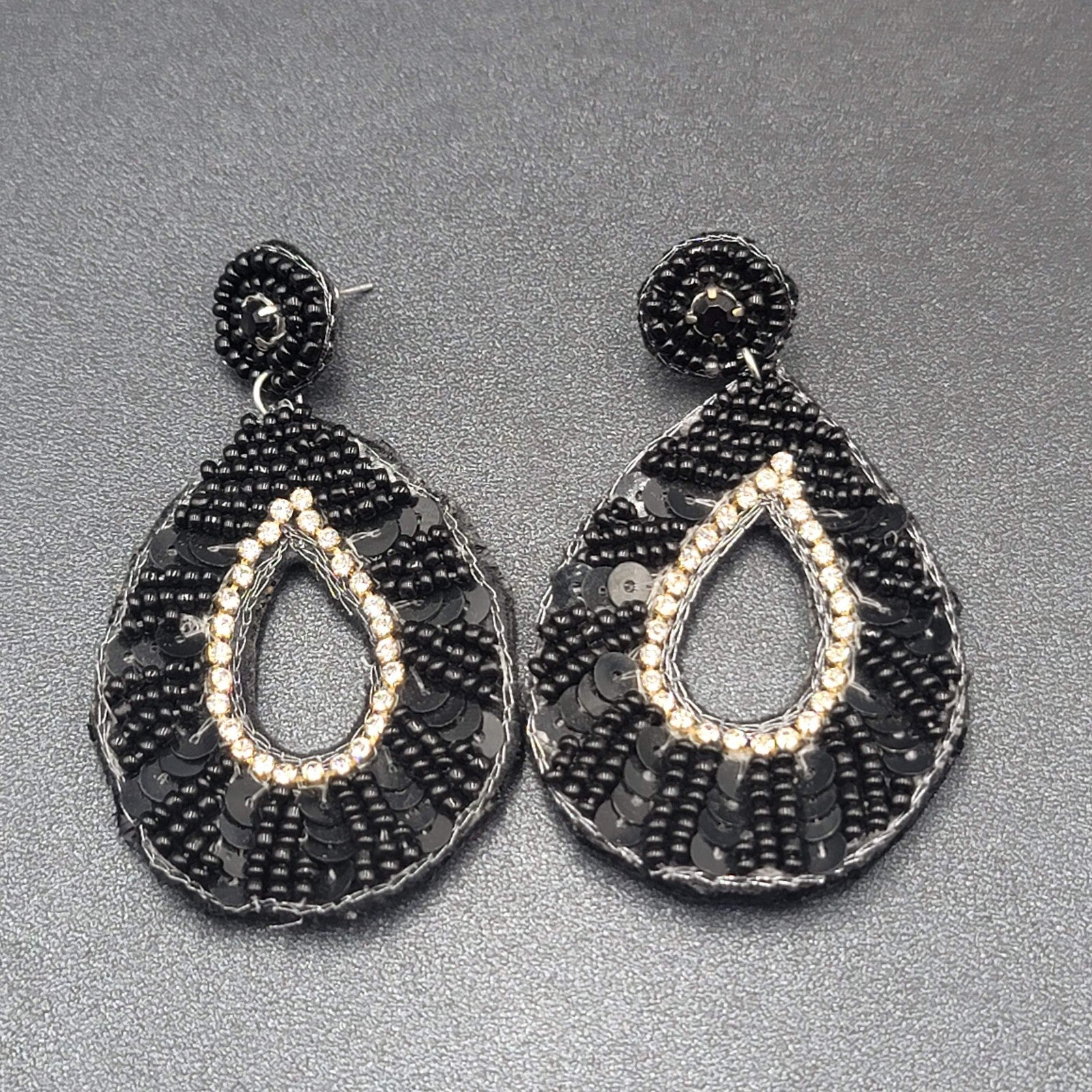 Pierced Earrings Black Felt Seed Beaded Rhinestone Runway Dangle 3"