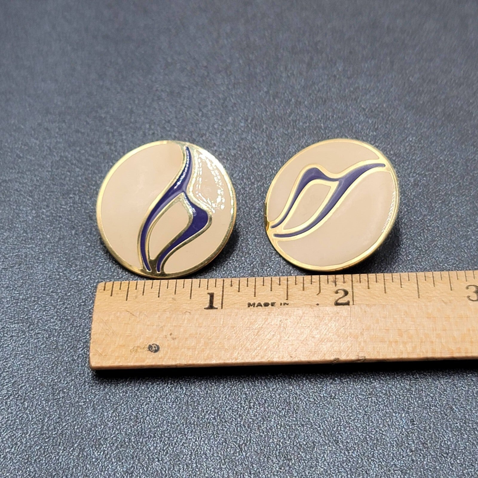 Vintage Pierced Earrings Gold tone Purple Tan Enamel Round Drop 1 1/8"