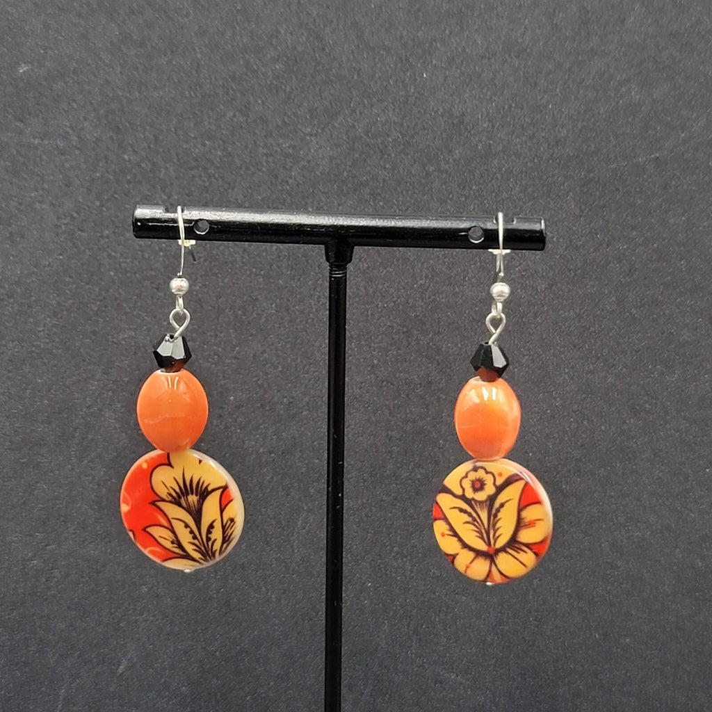 Pierced Earrings Orange Black Beads Flower Mother of Pearl Dangle 1 5/8"