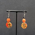 Pierced Earrings Orange Black Beads Flower Mother of Pearl Dangle 1 5/8"