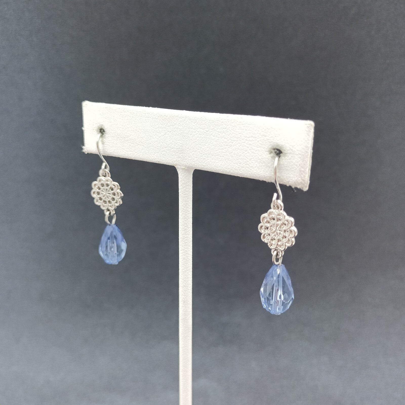 Pierced Earrings Silver tone Open Work Blue Faceted Glass Bead Dangle 1 1/4"