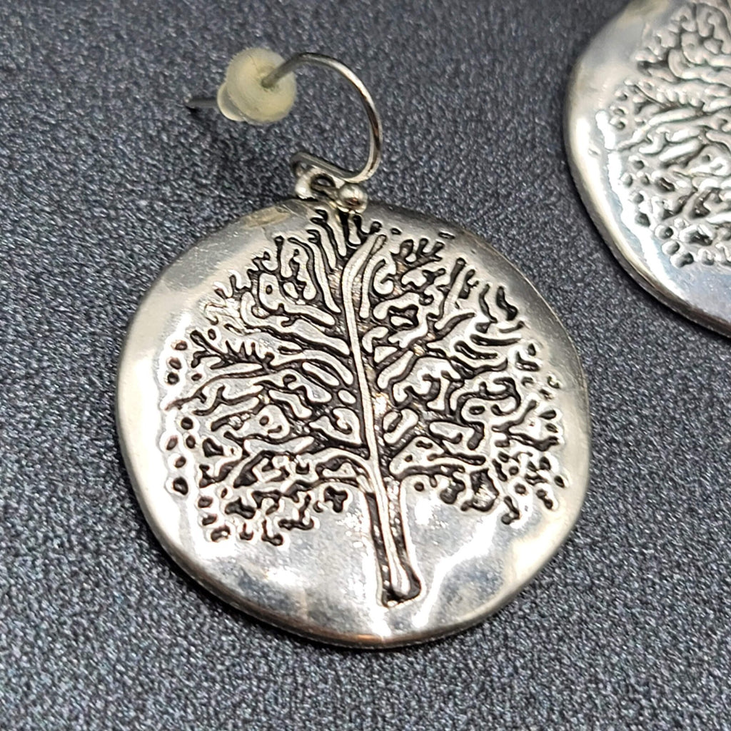 Pierced Earrings Silver tone Embossed Tree Round Dangle 1 1/8"
