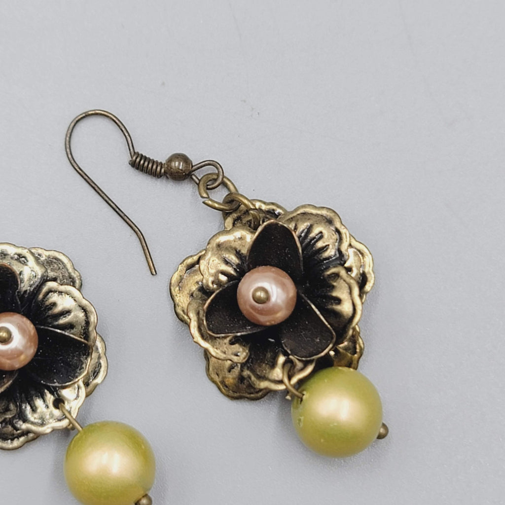 Flower Dangle Pierced Earrings Bronze tone Green Pink Bead 1.25"