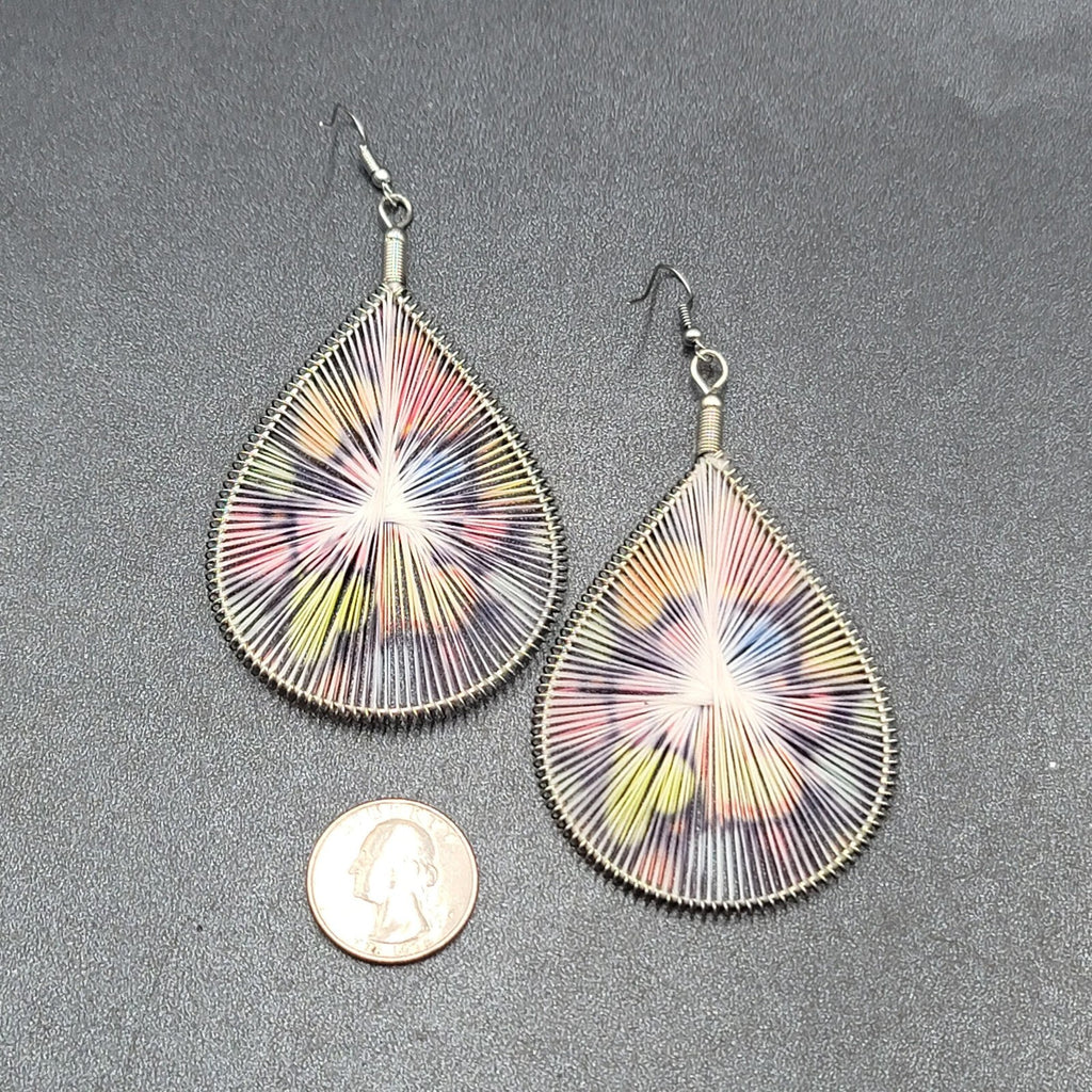 Large Pierced Earrings Silver tone Teardrop String Art Hearts Theme 3.5"