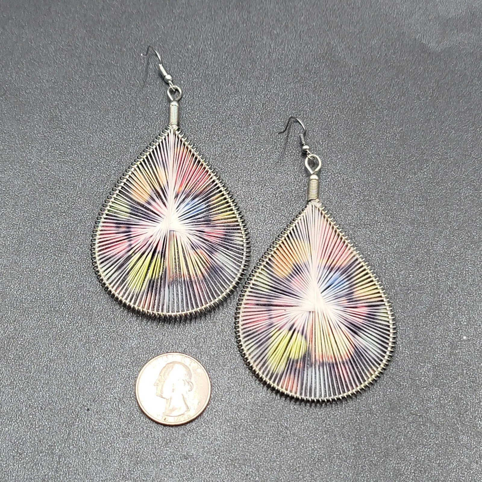 Large Pierced Earrings Silver tone Teardrop String Art Hearts Theme 3.5"