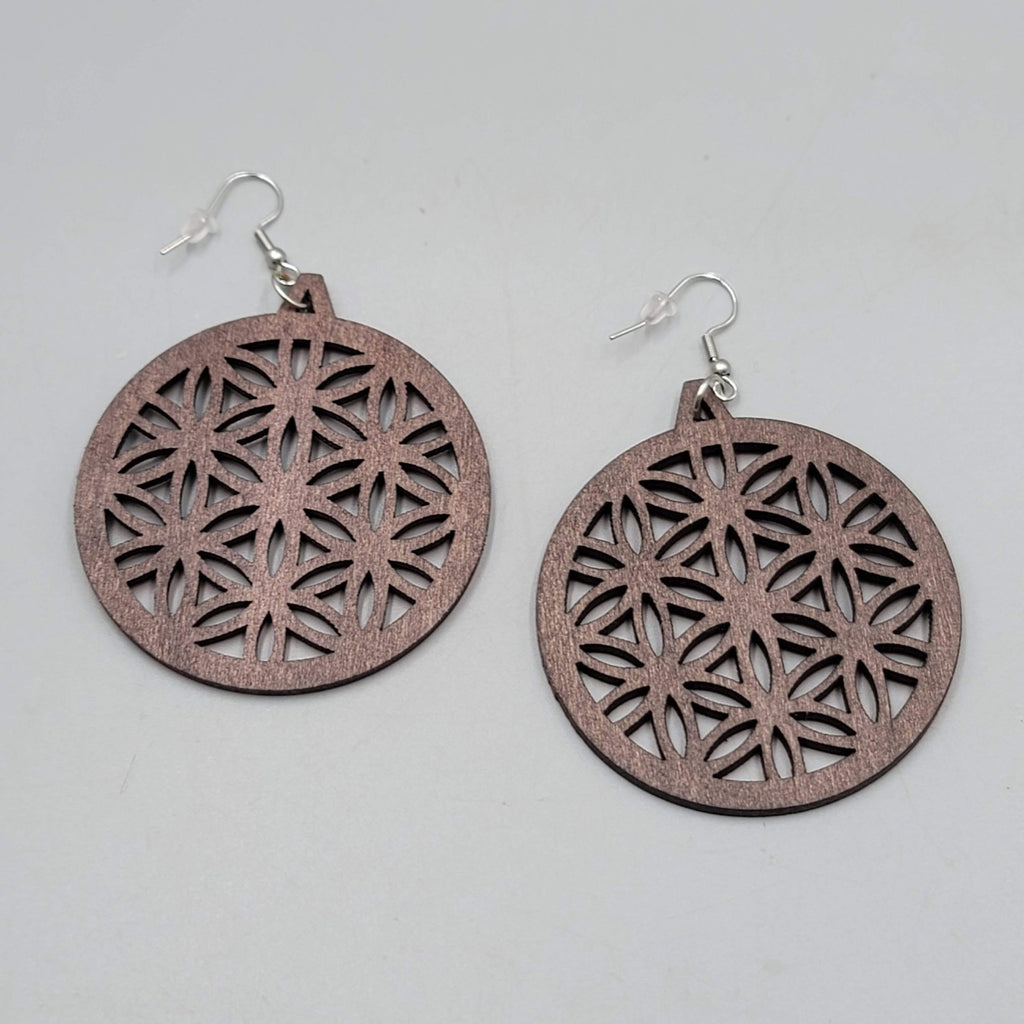 Wood Cut Large Boho Pierced Earrings Silver tone Dangle 2.25 in