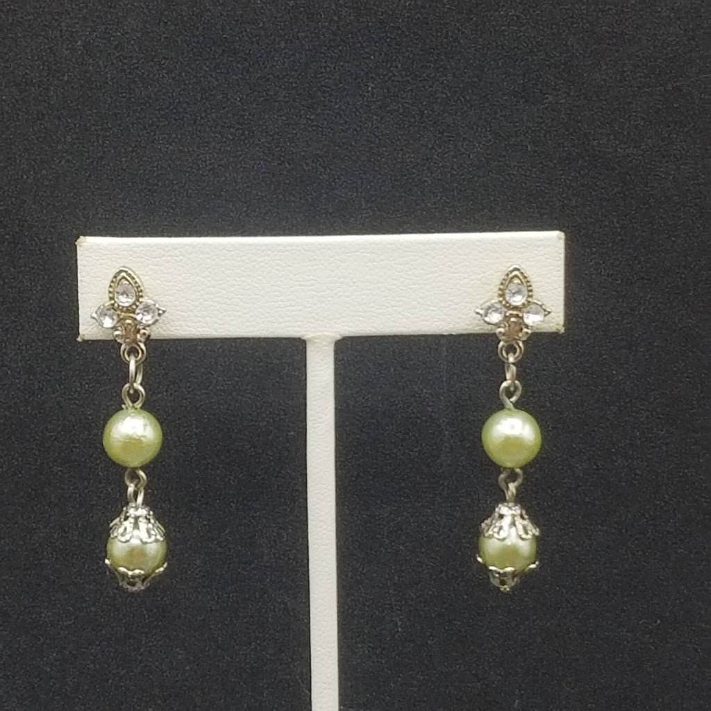 AVON Pierced Earrings Silver tone Capped Green Bead Dangle 1.75"