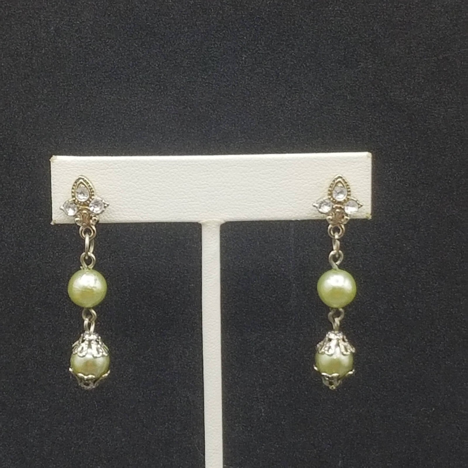 AVON Pierced Earrings Silver tone Capped Green Bead Dangle 1.75"