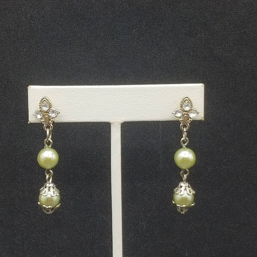 AVON Pierced Earrings Silver tone Capped Green Bead Dangle 1.75"