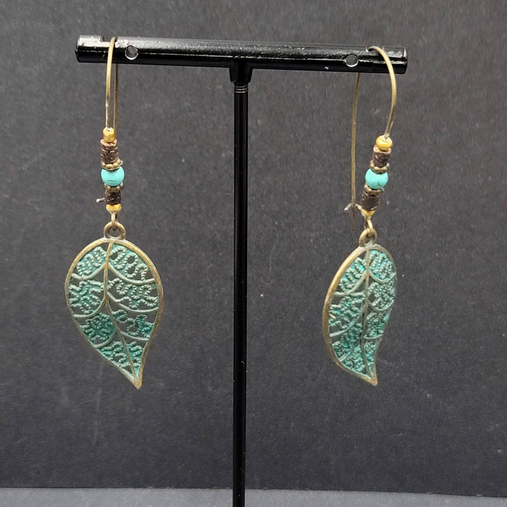 Boho Pierced Earrings Bronze tone Faux Patina Leaf Beaded 2.75"
