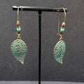 Boho Pierced Earrings Bronze tone Faux Patina Leaf Beaded 2.75"