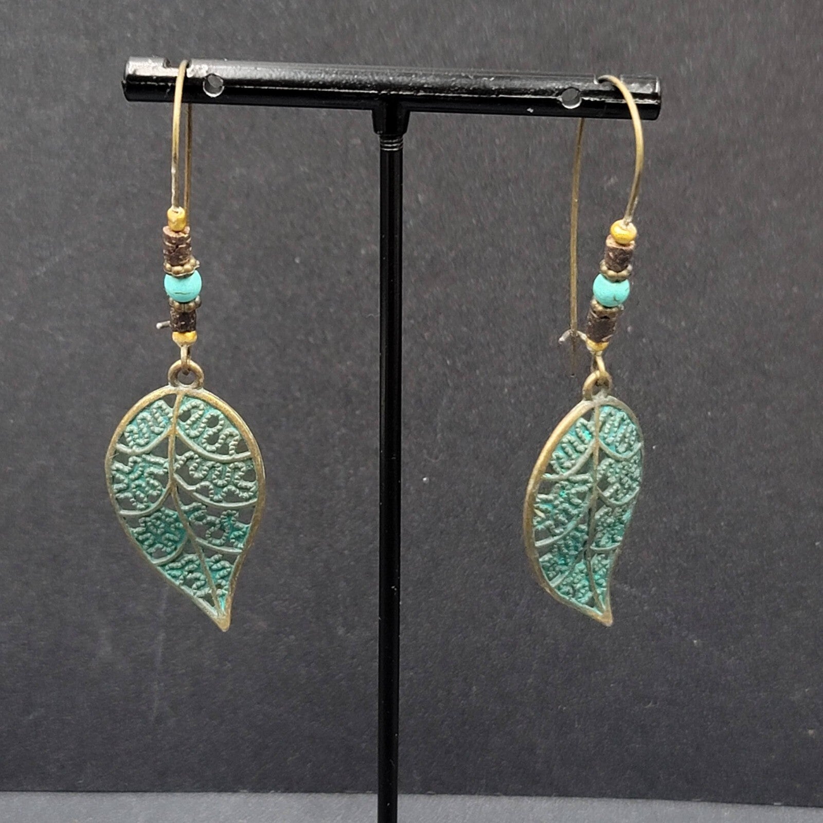 Boho Pierced Earrings Bronze tone Faux Patina Leaf Beaded 2.75"
