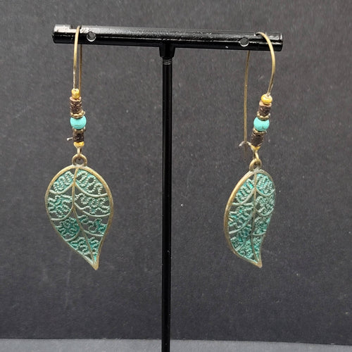 Boho Pierced Earrings Bronze tone Faux Patina Leaf Beaded 2.75"