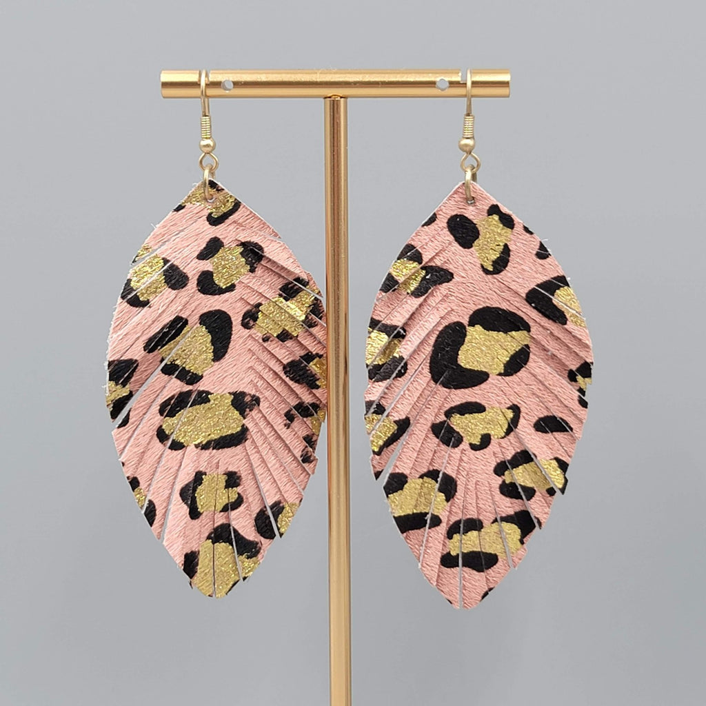 Leopard Print Leaf Earrings Faux Leather Statement Lightweight Boho 3.25"