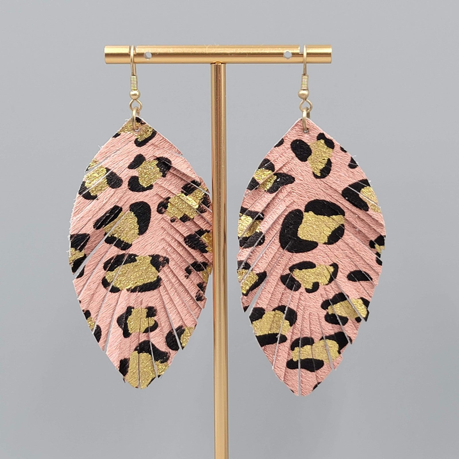 Leopard Print Leaf Earrings Faux Leather Statement Lightweight Boho 3.25"