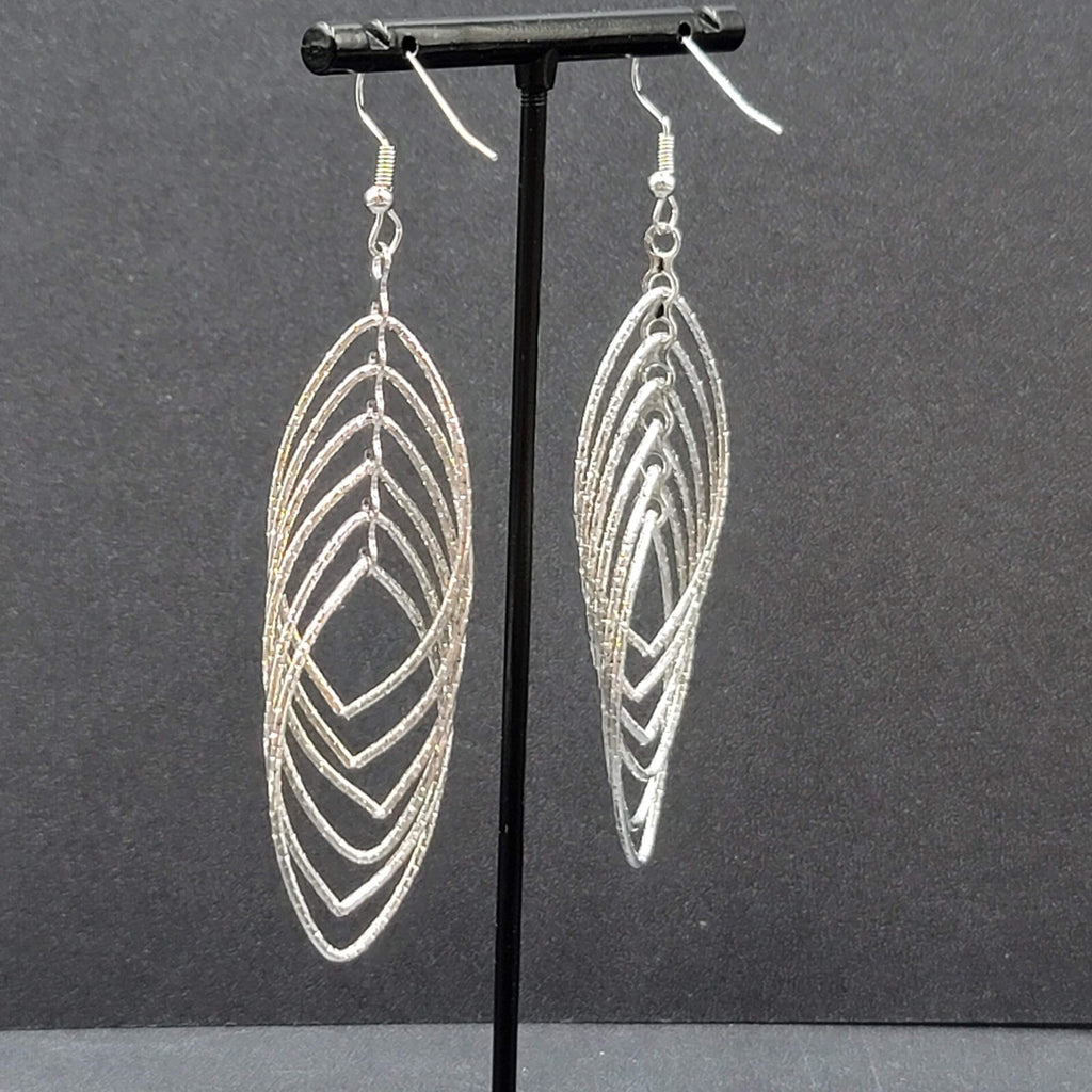 Pierced Earrings Silver tone Textured Concentric Hoops Dangle Statement 2.75"