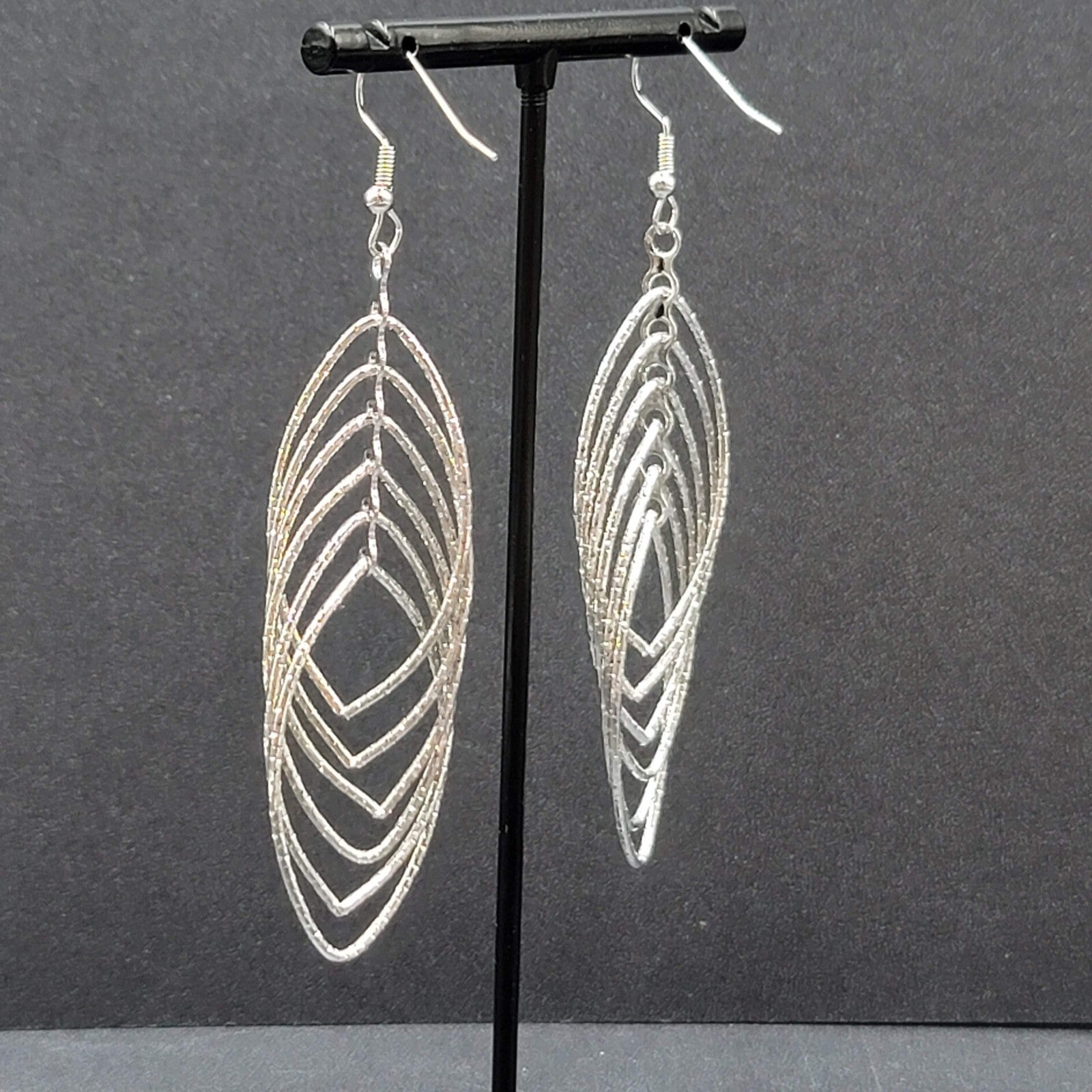 Pierced Earrings Silver tone Textured Concentric Hoops Dangle Statement 2.75"