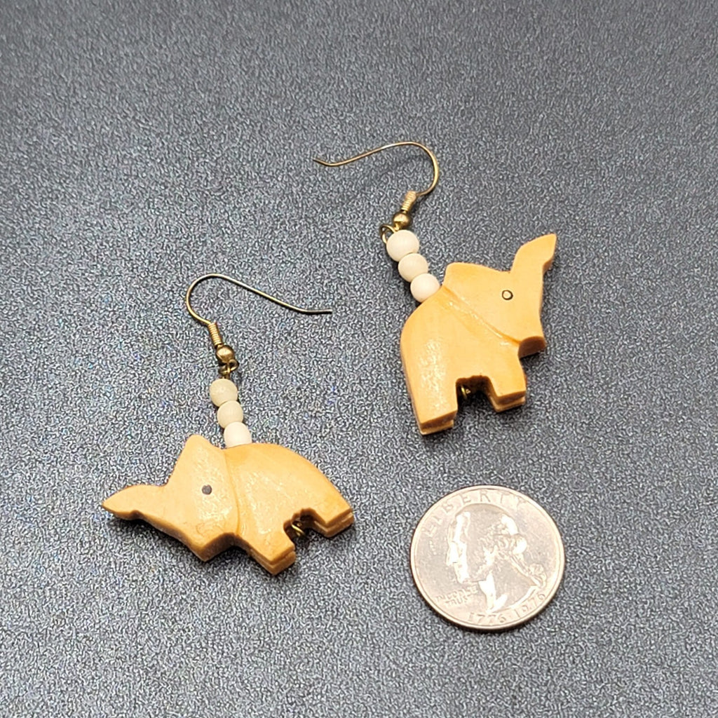 Vintage Pierced Earrings Solid Wood Hand Carved Elephant Dangle 1.5"