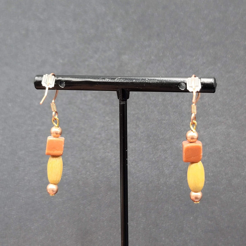 Pierced Earrings Red Stone Wood Bead Copper tone Dangle  1"