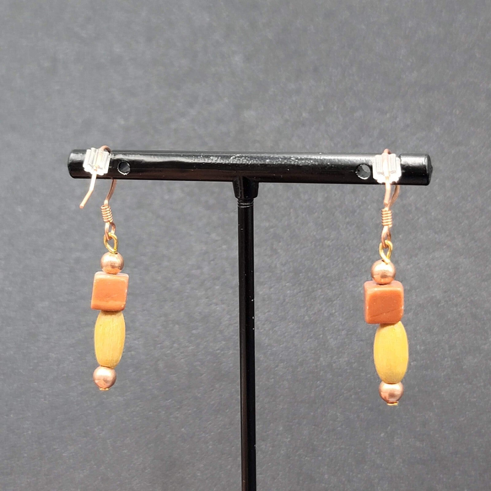 Pierced Earrings Red Stone Wood Bead Copper tone Dangle  1"