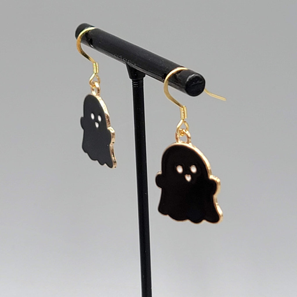 Black Enamel Ghost Pierced Earrings Dangle Gold tone Halloween Cute 7/8"