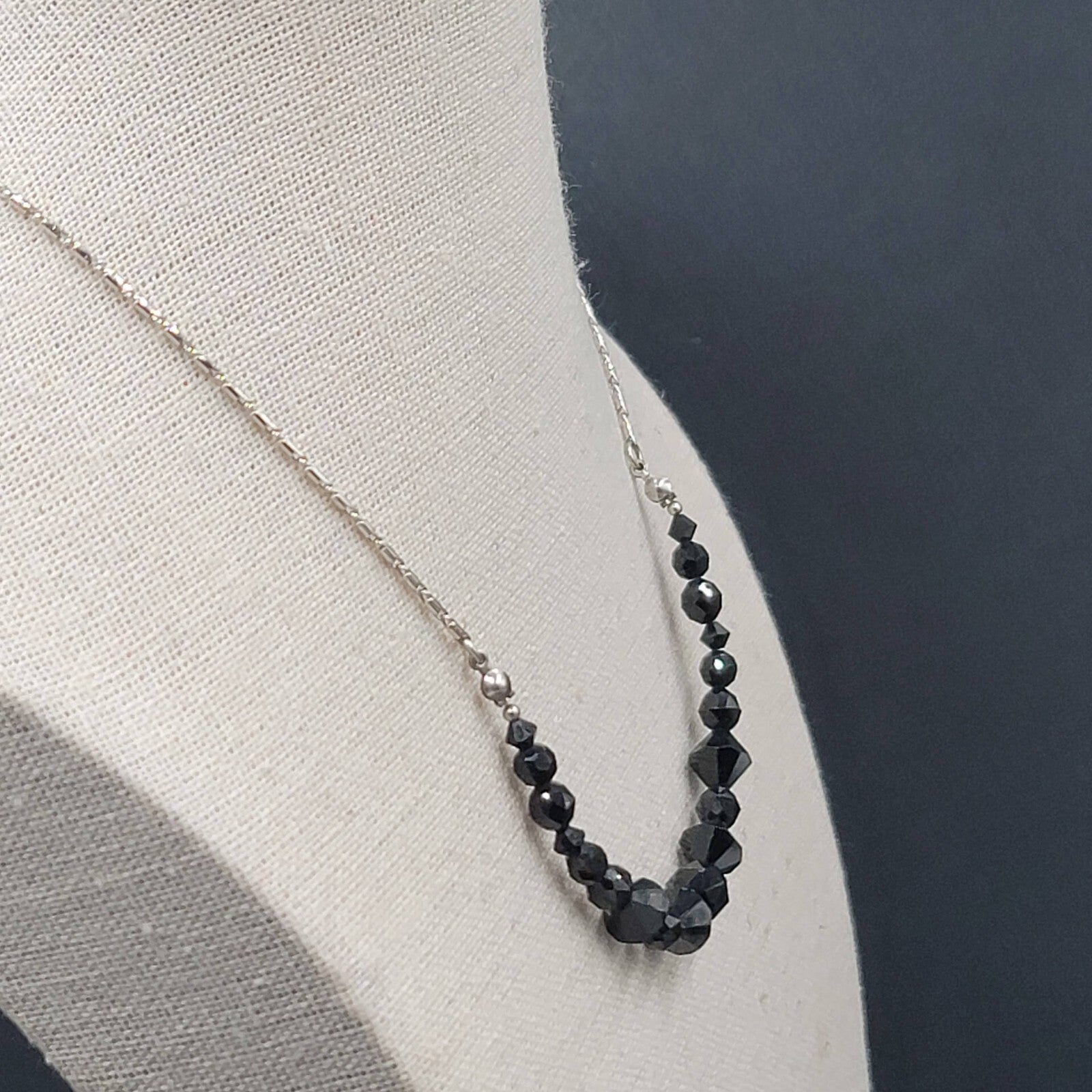 Swarovski Necklace Black Rivioli Crystal Bead Silver Plated Signed 16"-18"