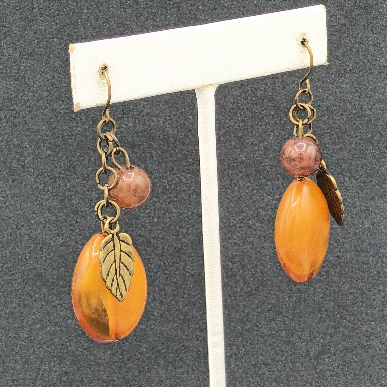 Pierced Earrings Bronze tone Acrylic Bead Natural Tones Leaf Dangle 1.75"