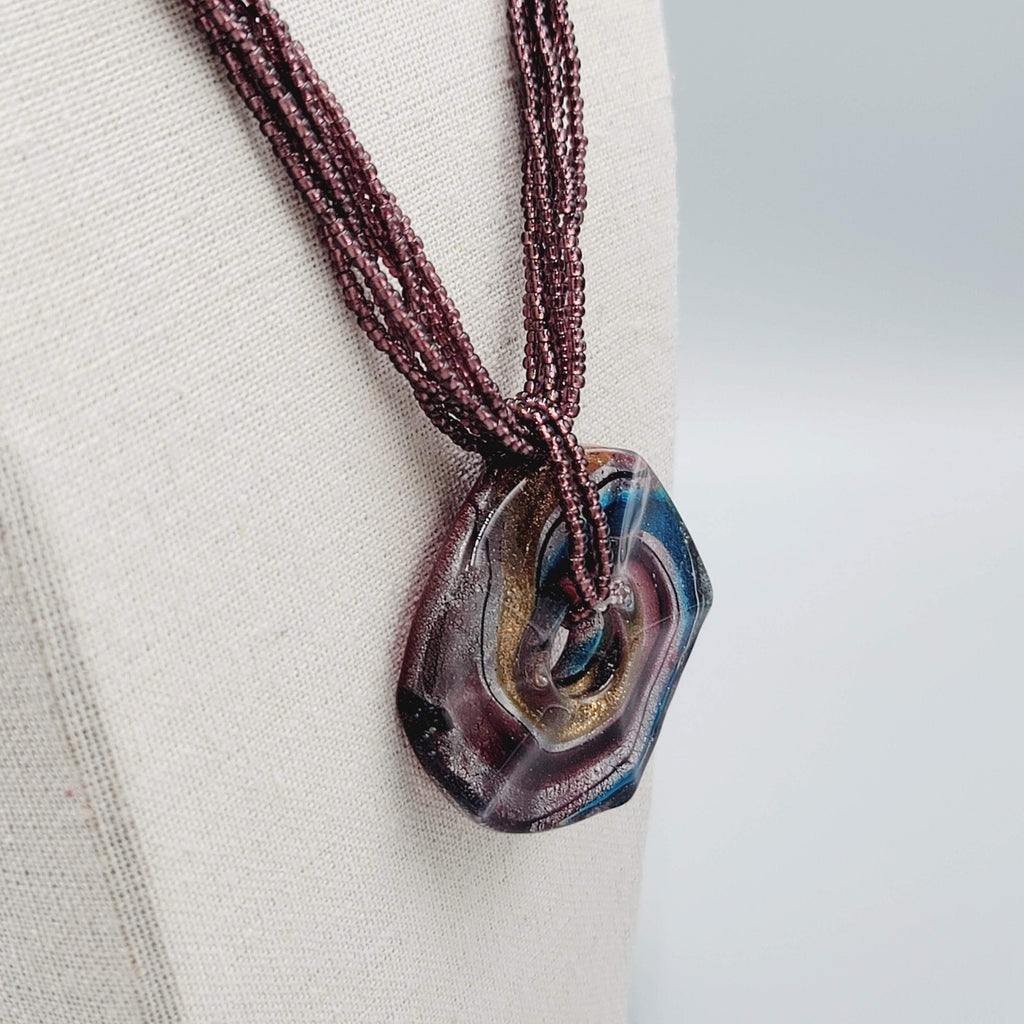 Dichroic Round Glass Pendant Necklace Seed Bead 6 Strand 20"+