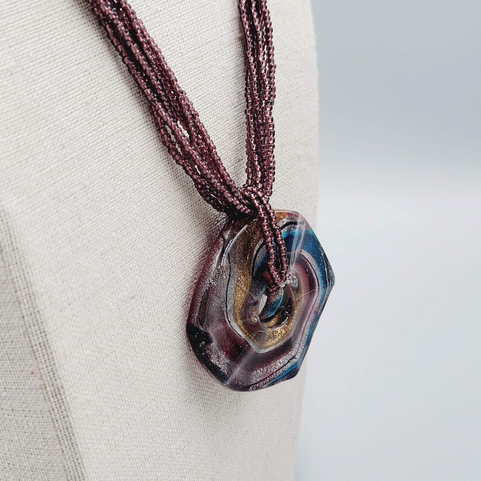 Dichroic Round Glass Pendant Necklace Seed Bead 6 Strand 20"+