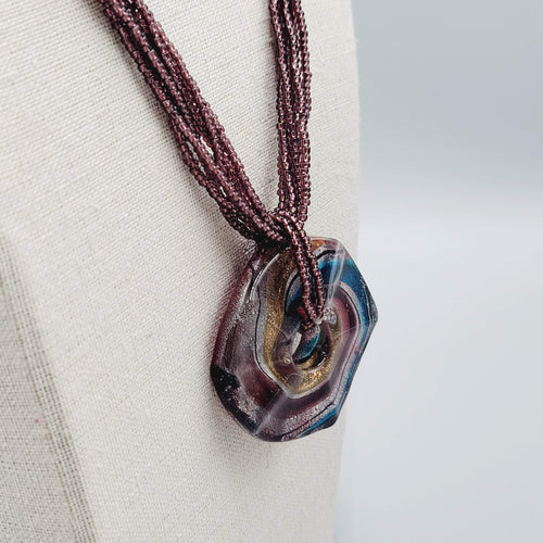 Dichroic Round Glass Pendant Necklace Seed Bead 6 Strand 20"+