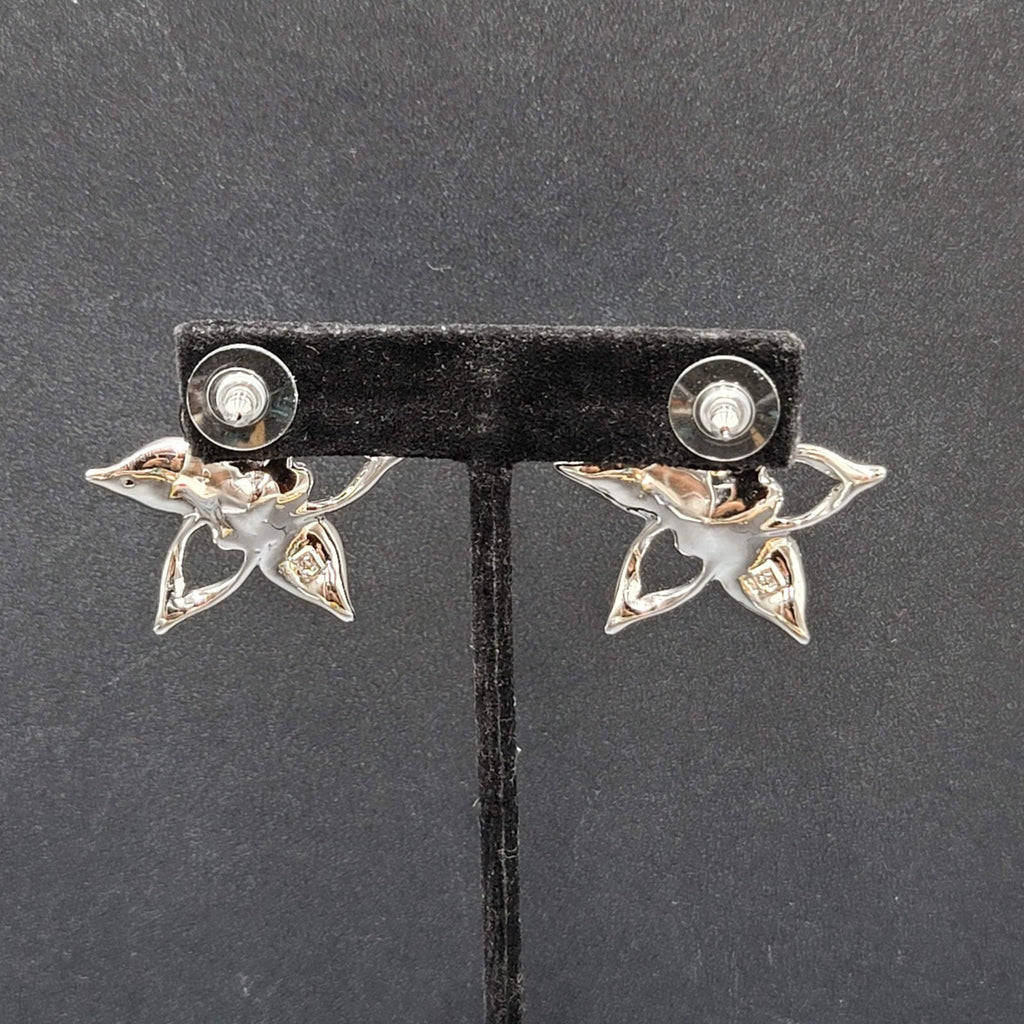 Pierced Earrings Silver Plated Crystal Rhinestone Drop Flower Signed 1 3/8"