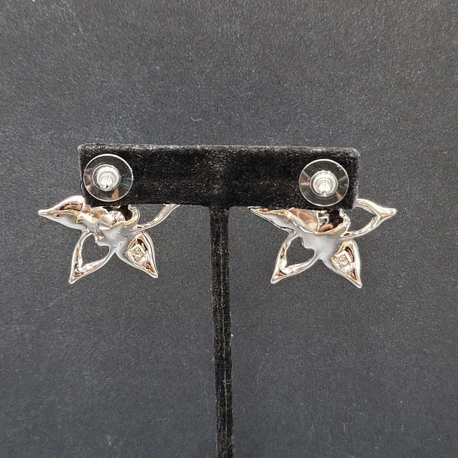 Pierced Earrings Silver Plated Crystal Rhinestone Drop Flower Signed 1 3/8"